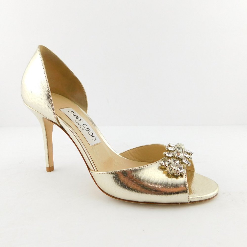 JIMMY CHOO Crystal Embellished Champagne Leather Open Toe D'Orsay Heel Pumps 38